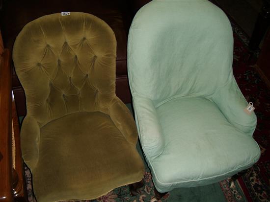 Victorian walnut nursing chair in buttoned green dralon & a Victorian ebonised sewing chair